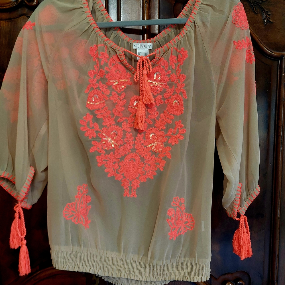 VENUS Sheer Tie Front Embellished Blouse